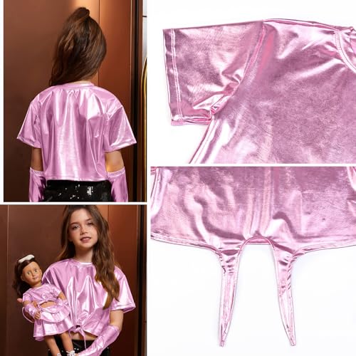 Image of Perfashion Girls Metallic Shirts Shiny Tie Front Knot Crop Top with Arm Sleeves for Dancing Raves Festivals 4-15 Years