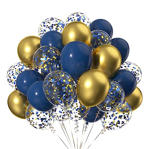 Lot de 50 Doré et Bleu Marine Latex Baudruche Ballons,12 Pouces Or Bleu Confettis Hélium Ballon pour Fêtes Decoration