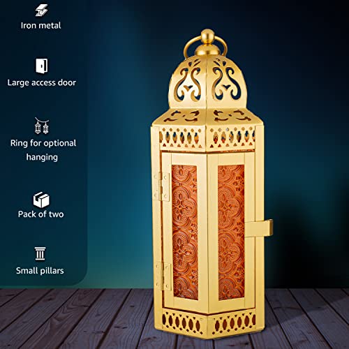 Anrust Gold Decorative Metal Candle Lantern, Moroccan Style Hanging Lantern, Metal Tabletop Lantern Decor, Candle Holders For Outdoor Patio Medium Size Without Led (Gold Amber) #TOP3