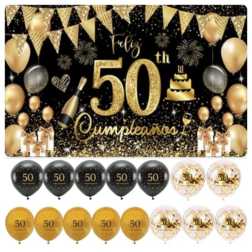 (1+15) Decoración para Cumpleaños 50 Escrita en Español 1 Pancarta Feliz Cumpleños 50 Decoración 50 Años Negro Oro Happy Bithday Fondo Cartel con15 Globos para Cumpleaños Adornos Kit para Cumpleaños