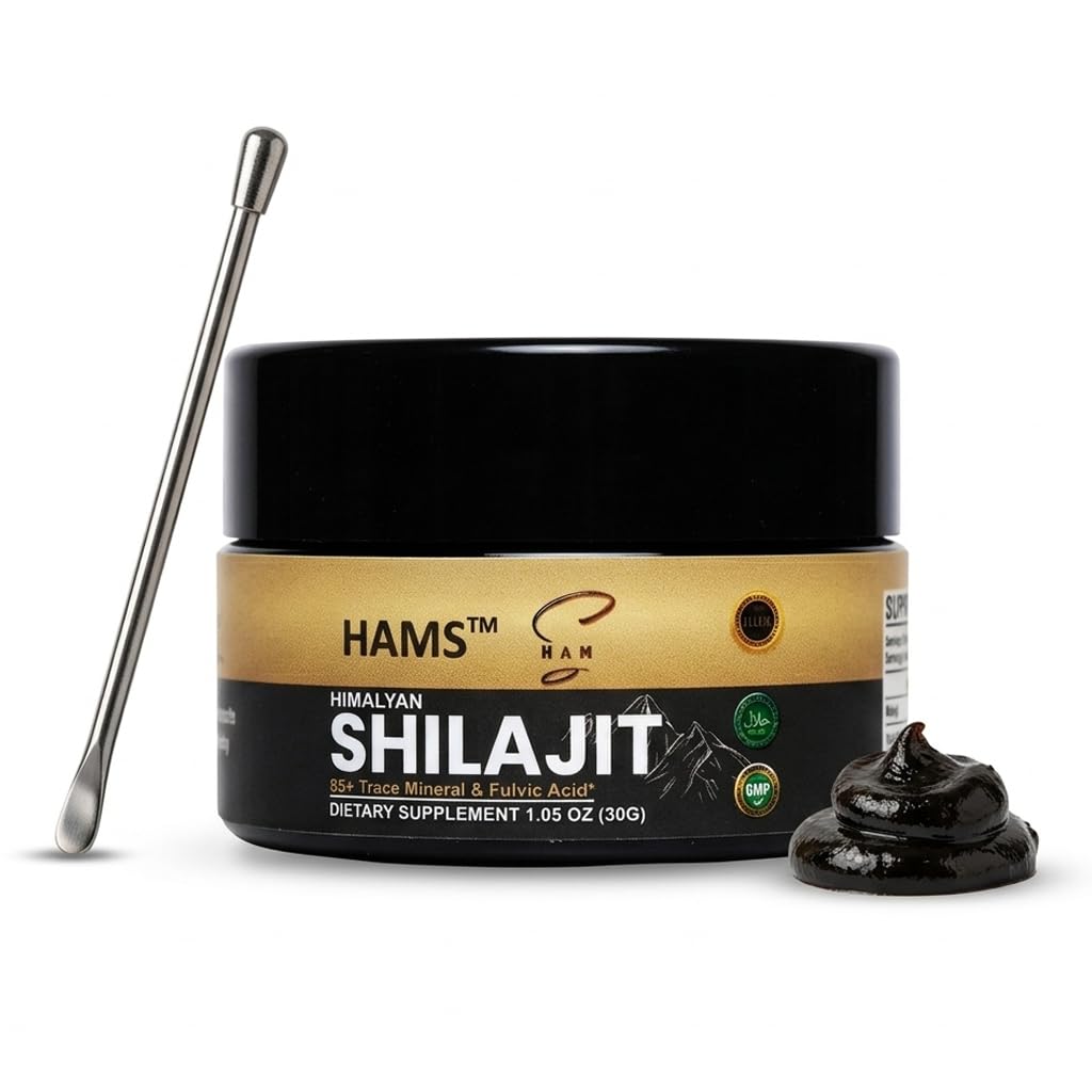 HAMS Resina Pura de Shilajit del Himalaya, Auténtico Mumijo con Más de 84 Minerales Traza, Alta Potencia con Oro Elemental y Ácido Fúlvico, Probado en Laboratorio, Vegano, 30g