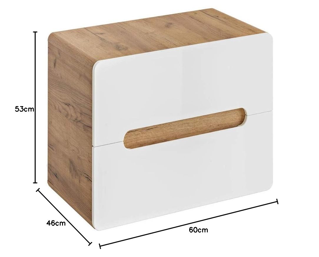 Lomadox Badmöbel Waschbeckenschrank Waschtisch-Unterschrank 60 cm Hochglanz weiß mit Wotan Eiche Nb., 2 Softclose-Schubkästen, B/H/T ca. 60/53/46 cm