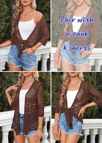 Image of Nulibenna Womens Sheer Shrug Sweaters 3 /4 Sleeve Open Front Tie Cardigan Bolero Jacket Lightweight Crochet Knit Cover Up Tops