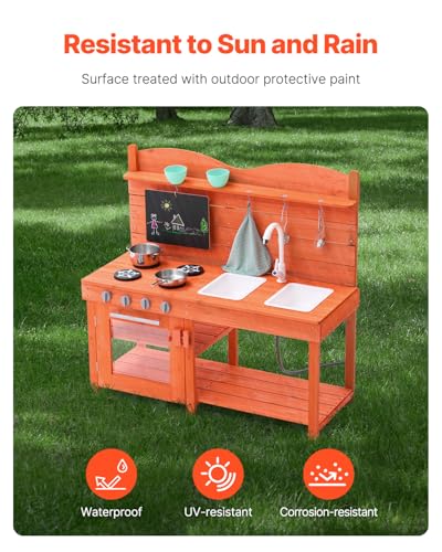 Image of VEVOR Wood Outdoor Play Kitchen for Kids, 41.3in Extra-Wide Design with Realistic Stoves, 2 Removable Sinks, Upgraded Faucet, Blackboard & Cookware Pots, Outdoor Mud Kitchen for Boys & Girls