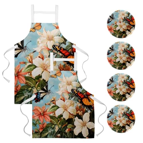 Tabliers de cuisine imprimé magnolia avec 4 broches ajustables