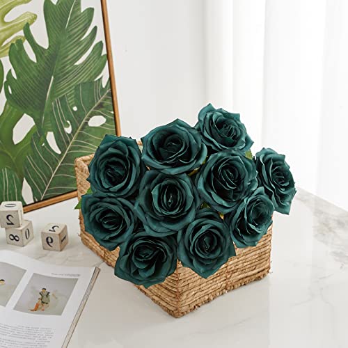 Iuknot Artificial Rose 10Pcs Open Flower Bouquet Faux Rose Stems For Wedding Arrangement, Bridal Bouquet, Centerpiece, Fake Faux Silk Flowers (Emerald Green) #TOP2