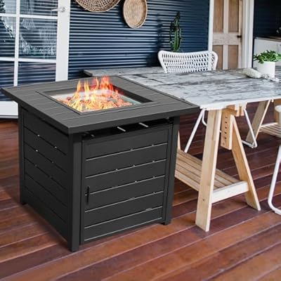 OutVue 28 inch Propane Fire Pit Table, Outdoor Gas Fire Pits with Lid & Lava Rock, 50000 BTU Firepit for Dinning, Party in Outside, Patio, Garden or Yard (Black)