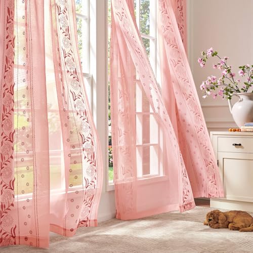 Image of jinchan Winslow Sheer Curtains 96 Inch for Bedroom Living Room Embroidered Bordered Floral Nursery Curtains for Girls Room Light Filtering Window Treatments, Pink on Pink, 2 Panels, 50 inch x 96 inch