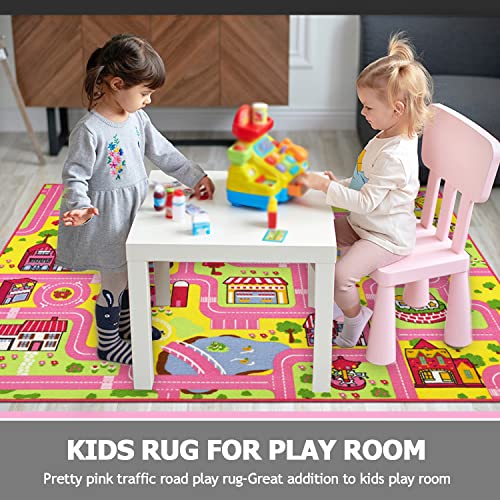 Capslpad Kinder Teppich150x200cm Rosa rutschfest Pastellblau Kinder Spielteppich Waschbar Stadt Straße Kinderteppich Kurzflor Spielmatte Pädagogischer Spielteppich für Mädchen Kinderzimmer Spielzimmer