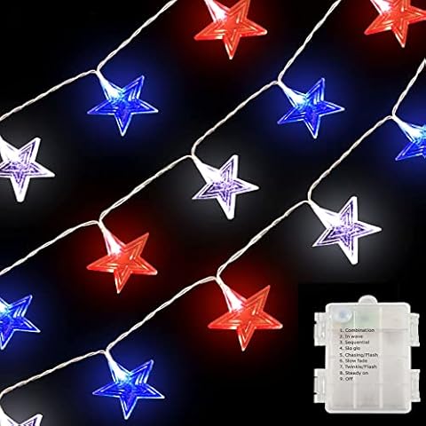 FUNIAO (New) 4th of July Decorations, Red White Blue String Lights with 60 LED Big Stars, 8 Light Modes Battery Powered Independence Day Lights for Home Patriotic Memorial Day Decor Cover
