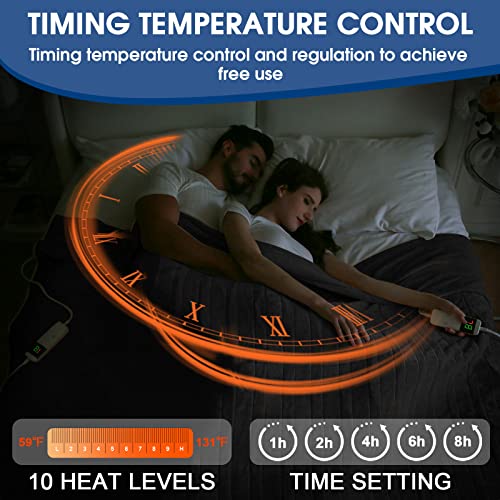 Greenoak Electric Blanket Heated Blanket Queen 84"X90",10 Heating Level Flannel Fast Lap Heating Blanket With Dual Control,5 Timer Auto Off Soft Electric Warming Blanket For Bed,Machine Washable,Grey #TOP7