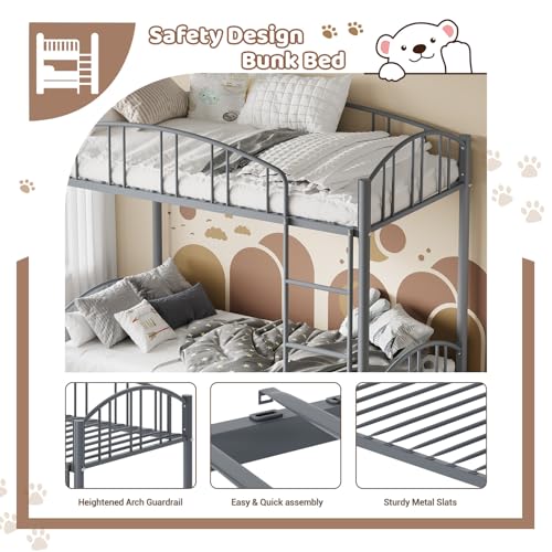 Garvee Bunk Bed Twin Over Twin with Ladder and Arched Guardrail, Heavy Duty Bunkbeds Frame with Sturdy Steel Slats Support for Kids Boys Girls, Space-Saving, No Box Spring Needed, Gray