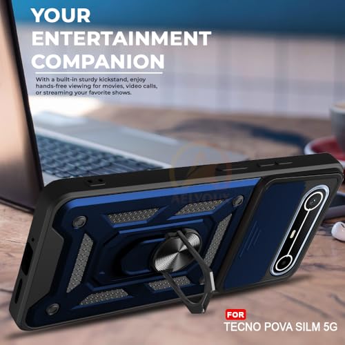 Image of Armor Bumper Back Cover Case for Tecno Pova Slim 5G Rotating Camera Cover, Ring Holder & Kickstand | Heavy Duty & 360 Degree Protection Tecno Pova Slim 5G Back Cover (Blue)
