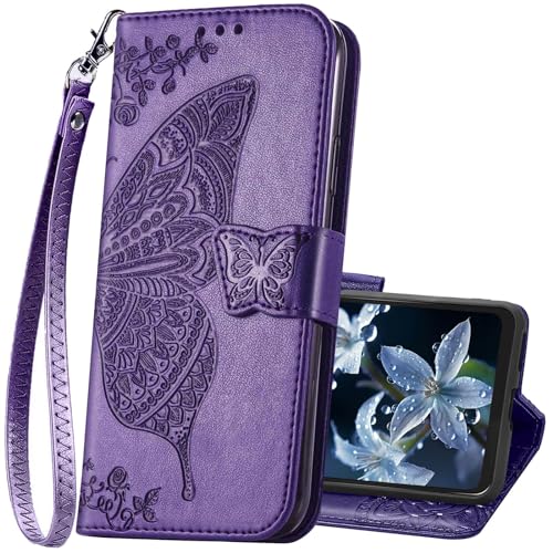 KRHGEIK for Moto G 5G 2024 Case Wallet,Women Flip Butterfly Emboss PU Leather Stand Credit Card Holders Slots Wrist Strap Protective Phone Cover for Motorola Moto G 5G 2024 (Purple)