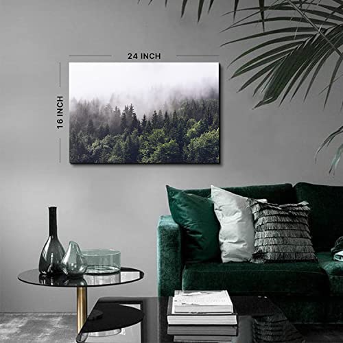 Image of Green Nature Foggy Forest Wall Art Misty Mountain Landscape Canvas Prints Picture Art Bedroom Decor 16x24 inch, Modern Pine Trees Scenery Painting Framed Artwork for Living Room Office Home Decoration