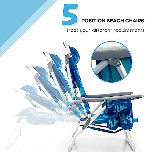 Goplus Backpack Beach Chairs, 3 Pcs Portable Camping Chairs With Cool Bag And Cup Holder, 5-Position Outdoor Reclining Chairs For Sunbathing, Fishing, Travelling (Light Blue, With Side Table) #TOP4