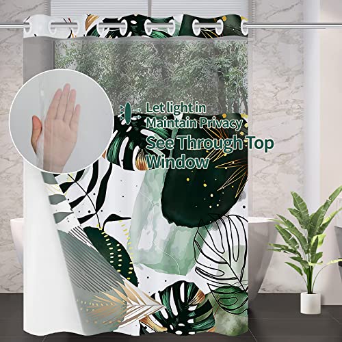 Rezaymrs Boho Green Leaf Shower Curtain No Hooks, 71X74 Inch Waterproof, Polyester Shower Curtains With Snap In Fabric Liner, Sheer Top Window, Double Layer Mid Century Modern Shower Curtains Set #TOP4