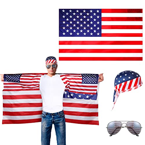 American Flag Costume Set American Flag Cape with Sleeves Classic Flag Quick-drying Pirate Hats American Flag Mirror Novelty Decorative Sunglasses Accessory for 4th of July
