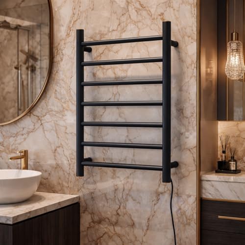 Image of HIVA Heated Towel Rail | 800x500 mm | 7 Heating Bars | Stainless Steel Wall-Mounted Electric Warmer | Fast Heating, Rust-Resistant | for Bathroom & Home | 3-Year Warranty