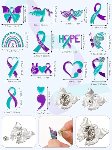 JUNEBRUSHS 28pcs Suicide Prevention Awareness Pins Purple Teal Ribbon Lapel Pins for Suicide Prevention Awareness Teens Adults Children Party Event Favors Decor Accessories4