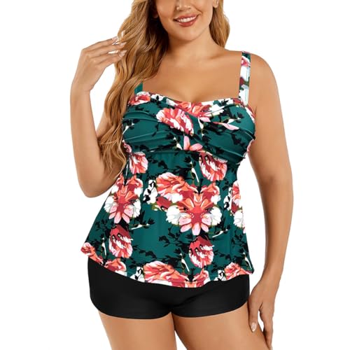Women's Twist Front Plus Size Tankini Floral Print Tummy Control Two Piece Swimsuit