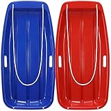 Snow Sled Toboggan for Kids and Adults with 2 Built in Handles and Pull Rope (Blue Red 2-Pack)