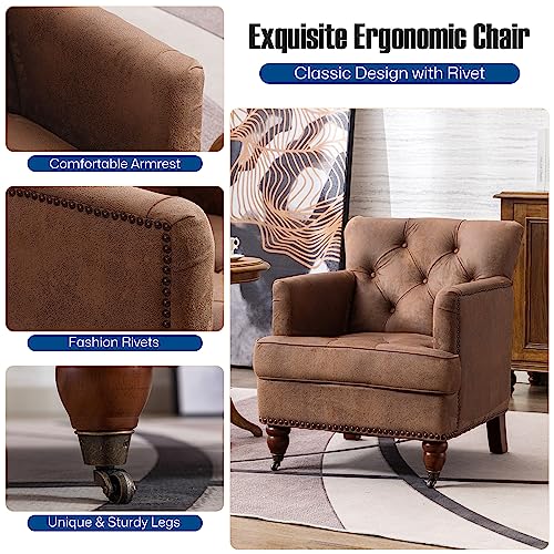 Goolon Living Room Chair Club Chair, Upholstered Fabric Modern Accent Chair Button Tufted Backrest Armchair With Nailhead Trim, For Bedroom Reading Room Brown 1Pcs #TOP4