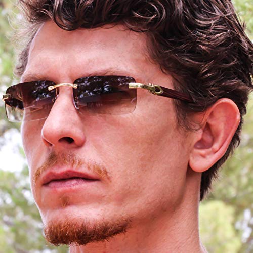 Elite Slim Rimless Rectangular Metal & Wood Art Aviator Sunglasses (Brown) #TOP5