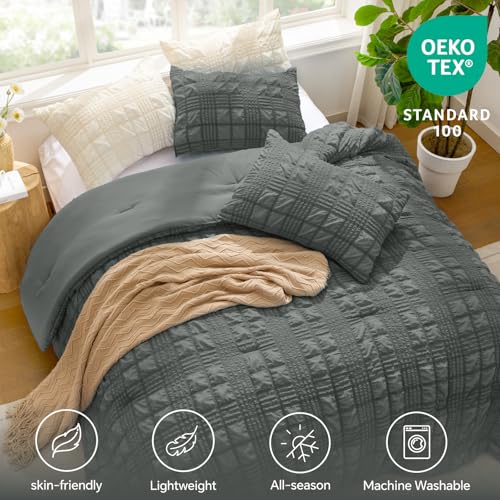 Image of BEDELITE Twin Comforter Set, Seersucker Bedding Set 2 Pieces, Dark Grey | All Season Use, Machine Washable, Soft and Lightweight, Ruched Comforter for Bedroom and Dorm Room, Wrinkle-Resistant