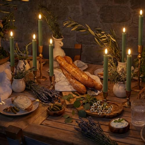 Image of 10 inch Fluted Ribbed LED Sage Olive Loden Green Grooved Real Wax Taper Candles, Remote & 24h Timer Memory, On /Off Switch - Flameless Dimmable Battery Operated w /Flicker, Wedding Decor (6 Pack)