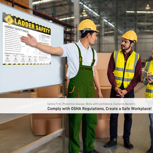 Image of Ladder Safety Poster - OSHA Ladder Safe Rules & 3 Points of Contact Chart Guide, Workplace Inspection & Safety Training Sign Poster