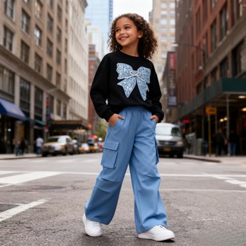 Image of Girls Clothes 2 Piece Cute Butterfly Sweatshirt & Flared Pants /Cargo Pants Winter Outfits for Teen Girls 7-14Y