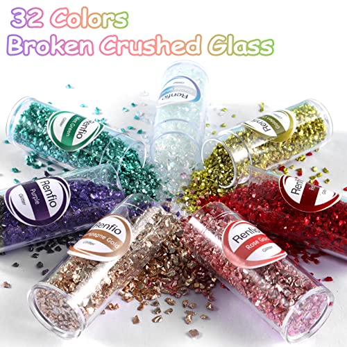 Renfio 32 Colors Broken Crushed Glass Glitter Set, 22.57oz 640g Glitter Shards 2-4mm Irregular Metallic Glass Chips Crystal Chunky Flakes Sequins Gravel for Resin Craft Supplies, Jewelry Making, Nail