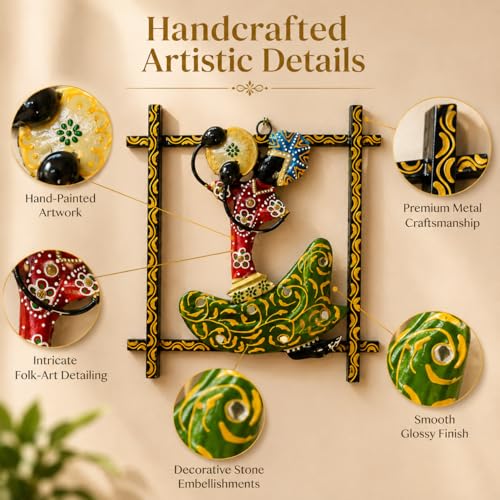 Image of iHandikart Handmade Metal Wall Art Sculpture for Home Decor | Traditional Rajasthani Folk Dancer Wall Hanging | Hand-Painted Iron Wall Art with Stone Work | Living Room & Bedroom Decor| 9 x 9 Inch