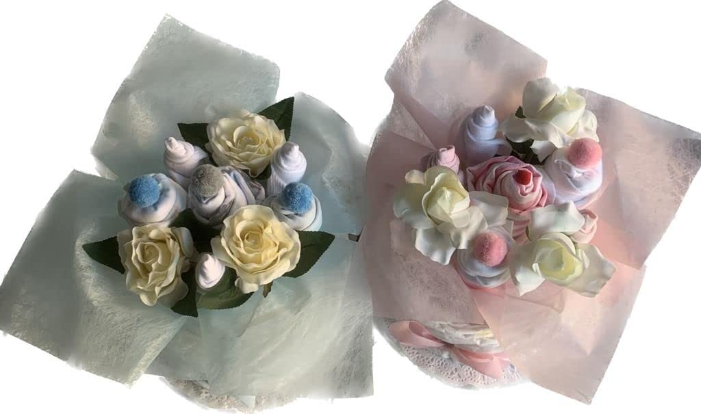 Tarta De Pañales 2 Pisos Niña con BODIES bebé con forma Ramo de Flores - Regalo Original para recién nacido padres primerizos (Azul)
