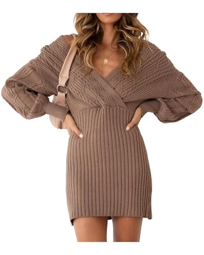 Women's V Neck Wrap Cable Knit Sweater Dresses - Long