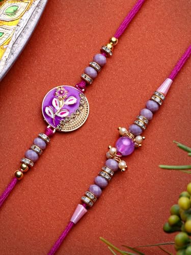 Image of Sukkhi Rakhi Beautiful Floral Design Purple Meenakari Work with AD Stones & Pearls Combo Rakhi For Brother with Roli Chawal & Greeting Card|Quirky Rakshabandhan Rakhi for Bhaiya|Set of 2|CBRAK107434
