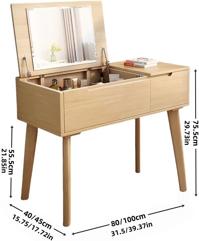 Dressing Table, Solid Wood Vanity Desk with Flip-Top Mirror, Small Bedroom Makeup Table, Simple and Multifunctional Design(Natural,Small) Small Natural
