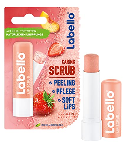 Labello Lip Scrub Erdbeere + Pfirsich (5,5 ml), innovative Lippenpflege mit Scrub-Partikeln natürlichen Ursprungs, sanftes Lippenpeeling mit Vitamin E