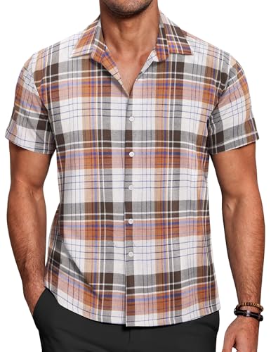 COOFANDY Mens Button Down Short Sleeve Shirts Casual Dress Shirts Buffalo Plaid Shirt 75% Cotton Orange