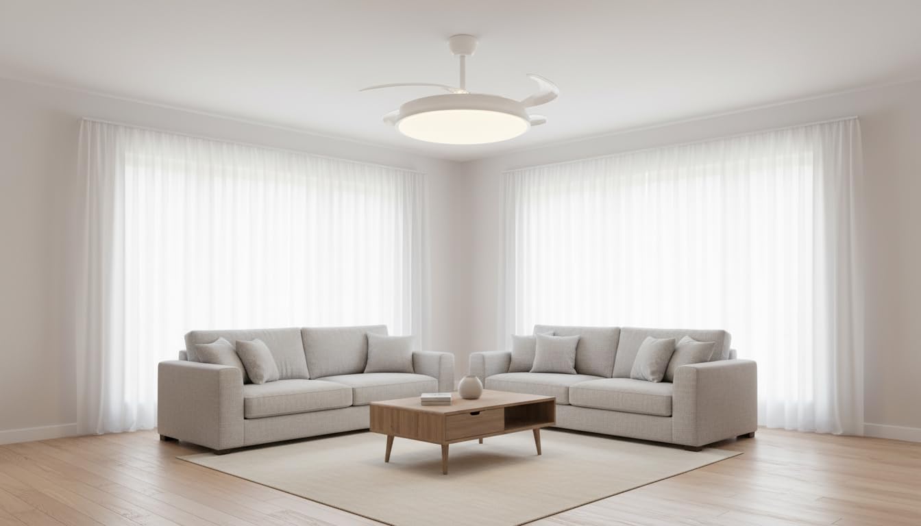 Ventilador de Techo LED, Blanco, con Mando a Distancia y Temporizador – 3 Aspas Transparentes, Motor DC, 6 Velocidades, 4900 lm, 3 Tonos de Luz (3500K/4000K/6500K), Ø107 cm, MD1401