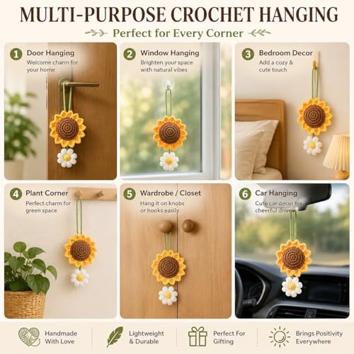 Image of SATYAM KRAFT 1 Pc Artificial Sunflower Crochet Hanging Ornament for Home Decor | Handmade Sunflower Car Mirror Hanging Accessory | Crochet Flower Car Dashboard Decoration | Home, Window, Door