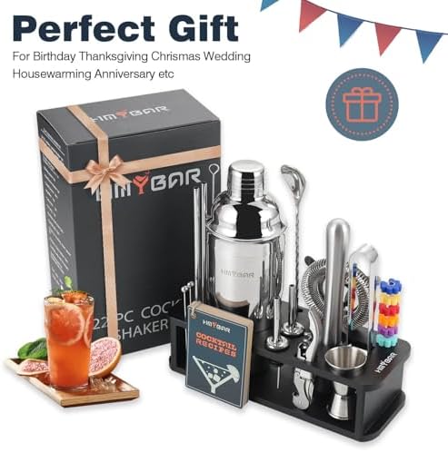 HMYBAR 22-pc Cocktail Shaker Set(24oz/700ml) | Mixology Bartender Kit | Bar Tool Set | Martini Making Set with 39-Recipe Cocktail Cards & Kit's Deco, Bamboo Stand Black Color, Silver Tools - Thumbnail 2