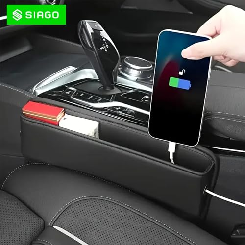 Image of SIAGO Car Seat Gap Filler Organizer | Premium PU Leather Storage Box for Phone | Car Accessories for Keys, Cards & Coins | Universal Fit for Cars, SUVs & Trucks (Black) (SIA133)