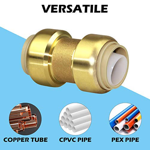 (5-Pack) 3/4-Inch Push-to-Connect Plumbing Fittings, Pushfit Straight Coupling Pipe Fitting with 3/4\" Disconnect Clip, Brass Pushfit Fittings Plumbing Pipe Connector for PEX tubing, Copper, CPVC