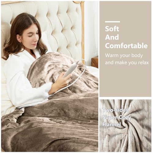Image of Tefici Electric Heated Blanket Queen Size, Dual Control Super Cozy Soft 2-Layer Flannel 84 inch x90 inch Heating Blanket with 3 Heat Levels & 8 Hours Auto Off,ETL&FCC Certified,Home Office Use,Camel