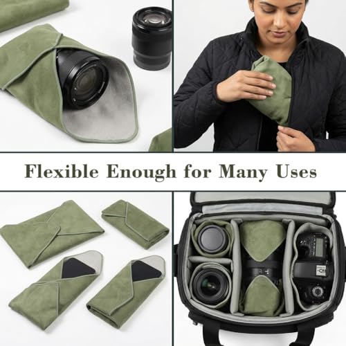 Image of ZORBES Camera Lens Wrap Cloth Protective Cover, Self Folding Camera Wrap with Soft Microfiber Lining, 45x45cm Anti Scratch DSLR Mirrorless Lens Protector Cloth for Camera Body, Lens & Gear, Green