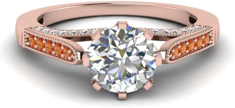 Choose Your Gemstone Cathedral Milgrain Diamond CZ Ring Rose Gold Plated Round Shape Side Stone Engagement Rings Matching Jewelry Wedding Jewelry Easy to Wear Gifts US Size 4 to 12