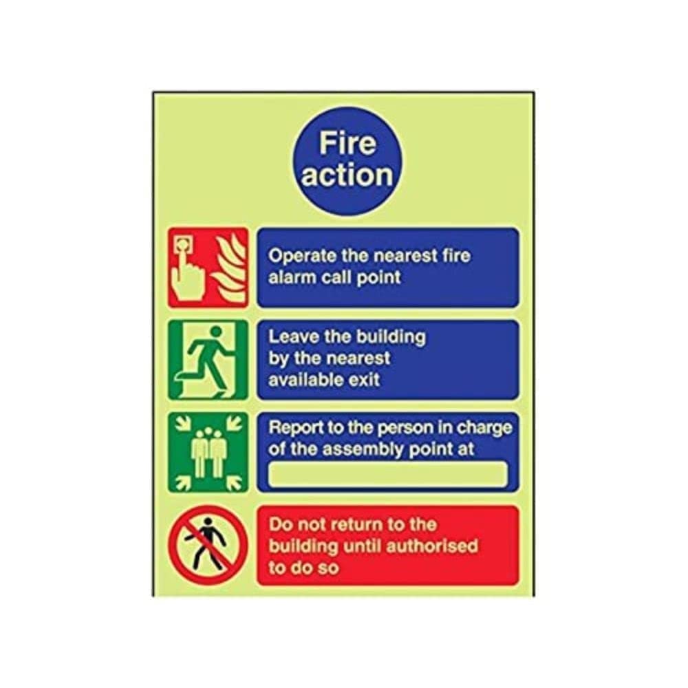 V Safety Glow In The Dark Fire Action Do Not Re-Enter Fire Action Notice Sign - 150mm x 200mm - Rigid Plastic