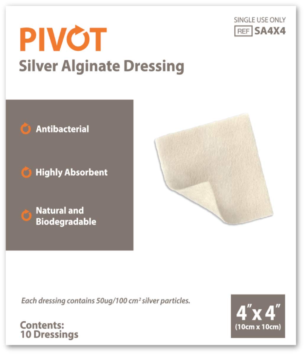 Pivot Silver Alginate Wound Dressing – All-Natural First Aid | 4x4 Dressings, Box of 10